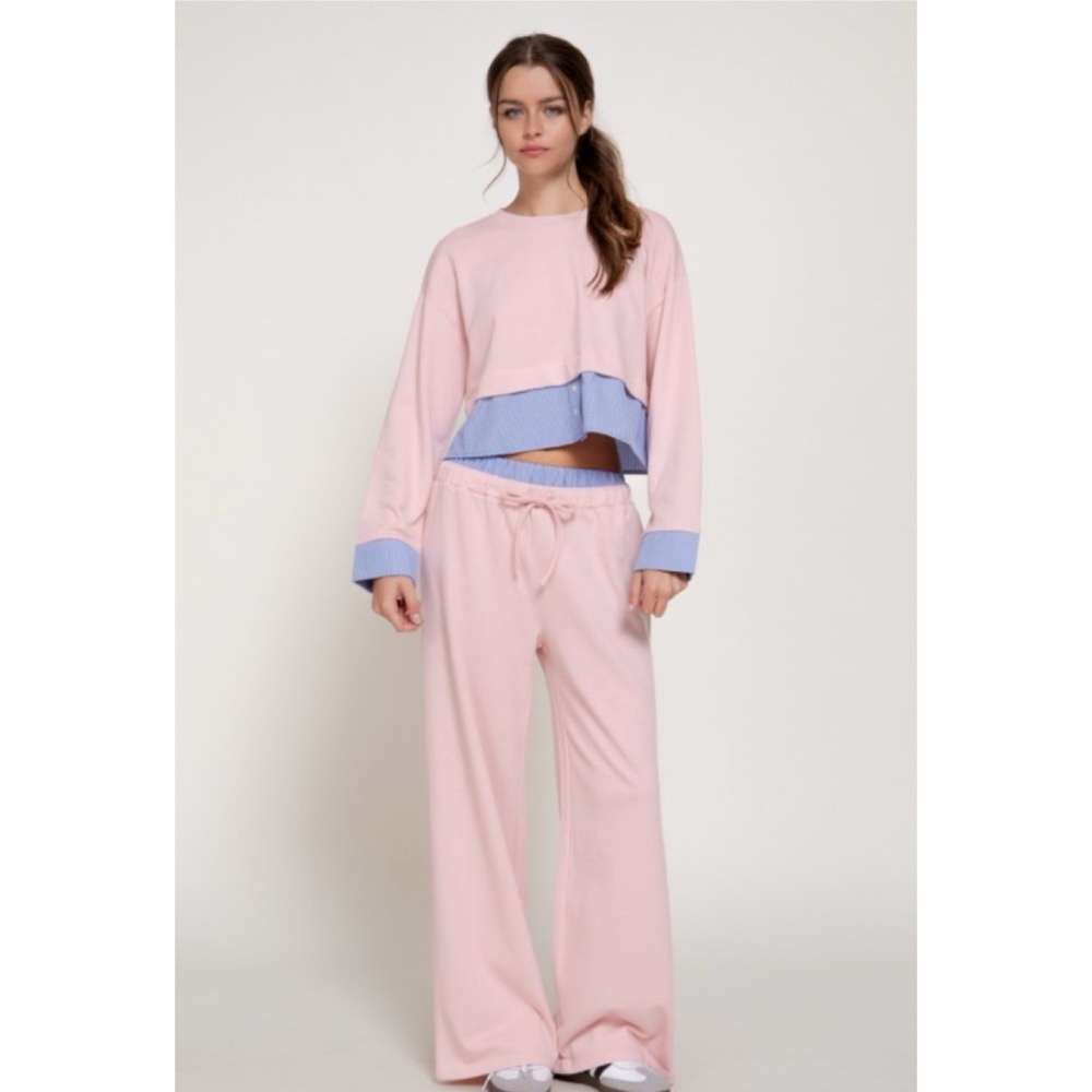 1235 • Peach Pink French Terry Set w/Blue & White Shirting Trim Details